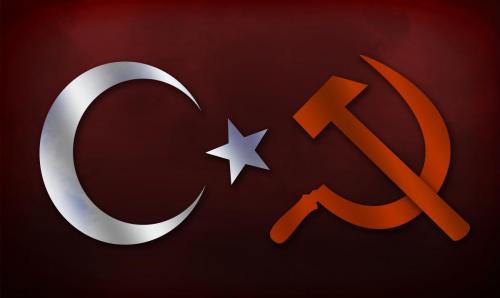 Hammer and sickle with Turkey cresent and star on dark background