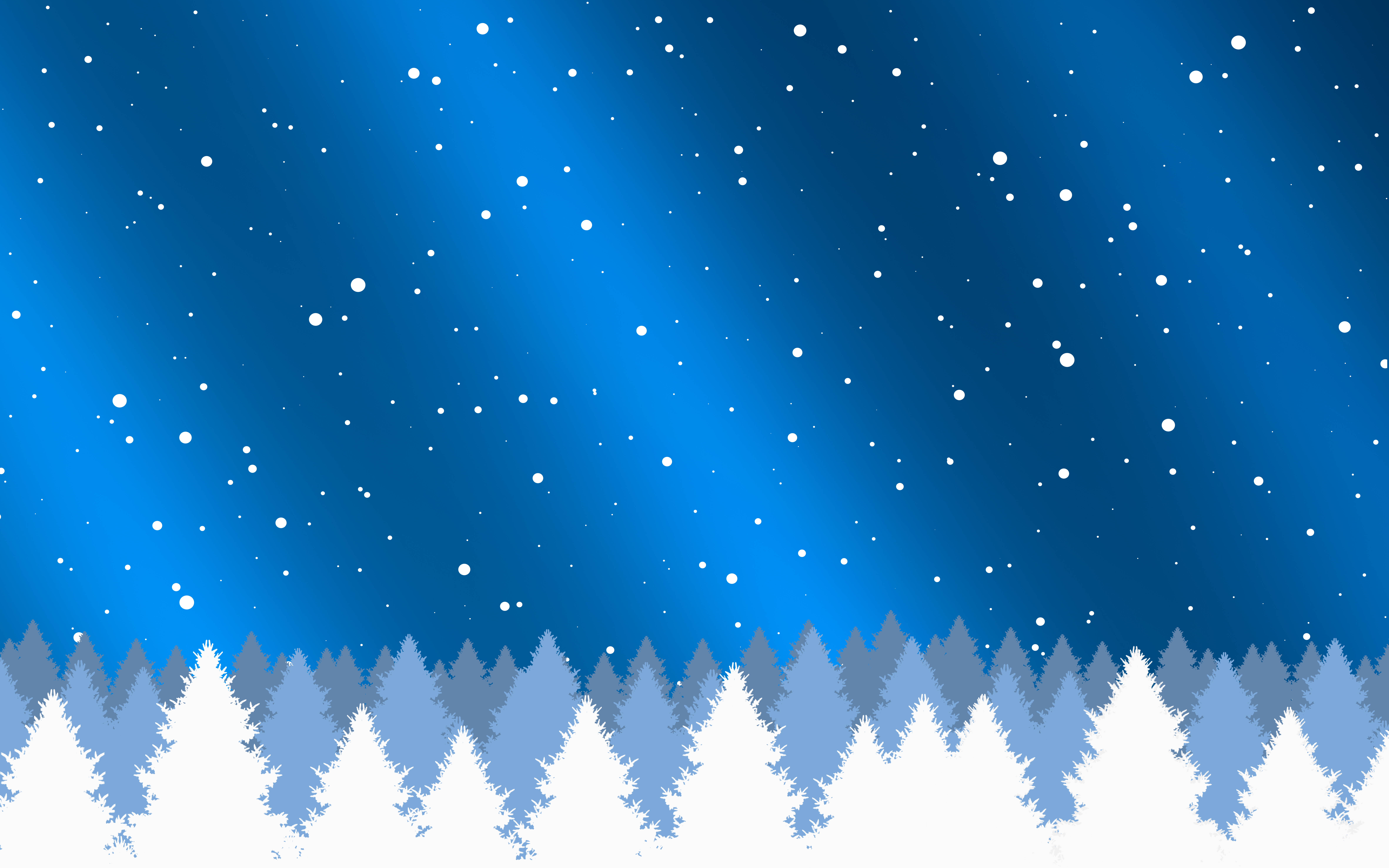 Horizontal white trees and falling snow on blue light gradient border background