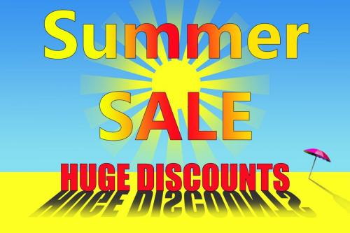 Summer Sale Huge Discounts on yellow sun with pink umbrella