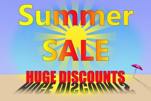Summer Sale Huge Discounts on yellow sun with pink umbrella violet border