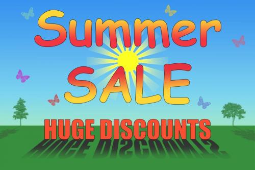 Summer Sale Huge Discounts on yellow sun with two trees and butterfles