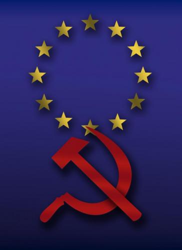 USA flag with EU Stars and hammer and sickle small