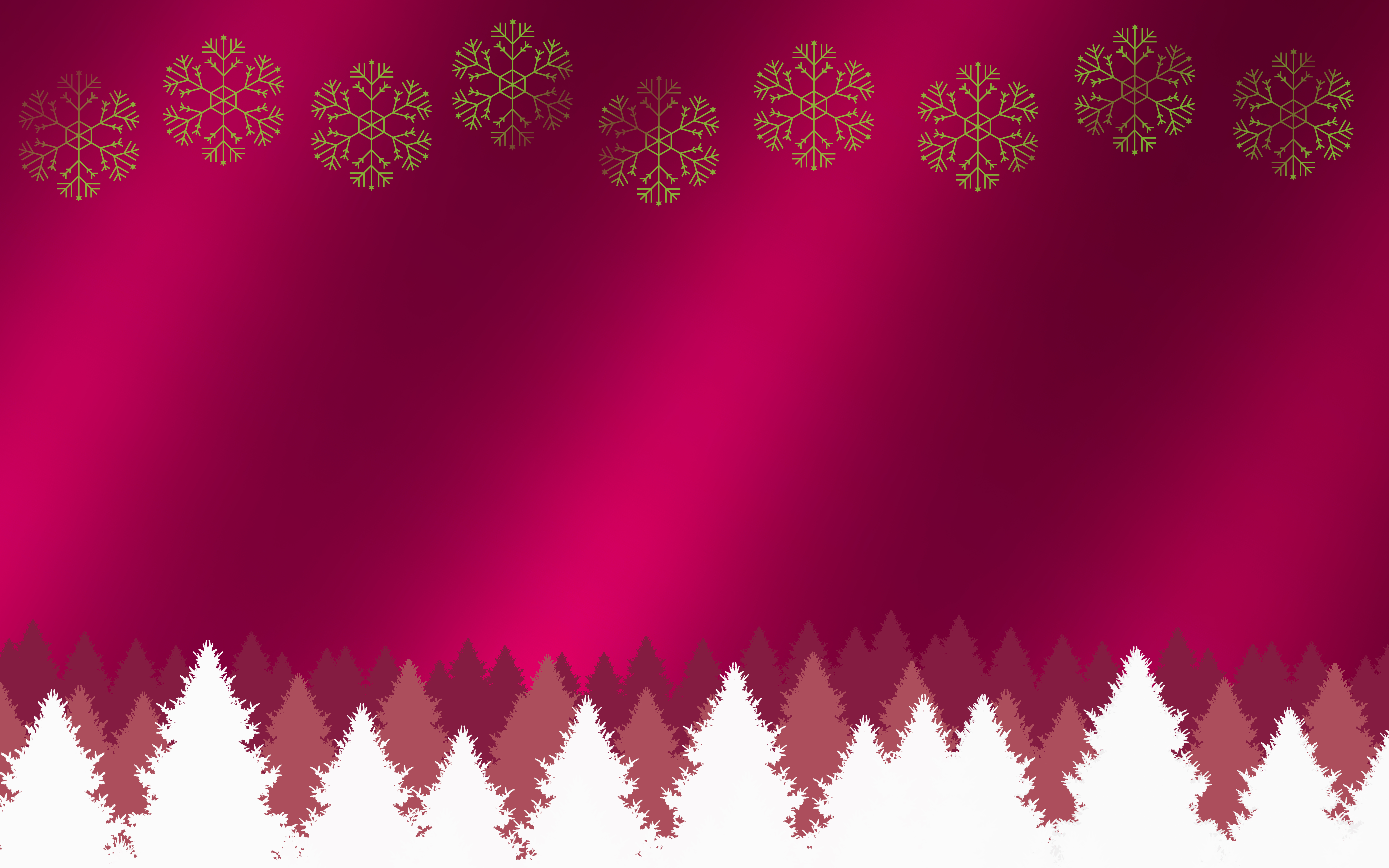 Horizontal white trees and falling snow on cherry red light gradient border background gold flakes